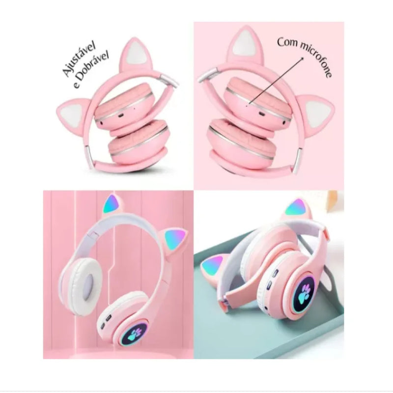 Fone Gatinho Sem Fio Com Led Infantil Meninas Gato